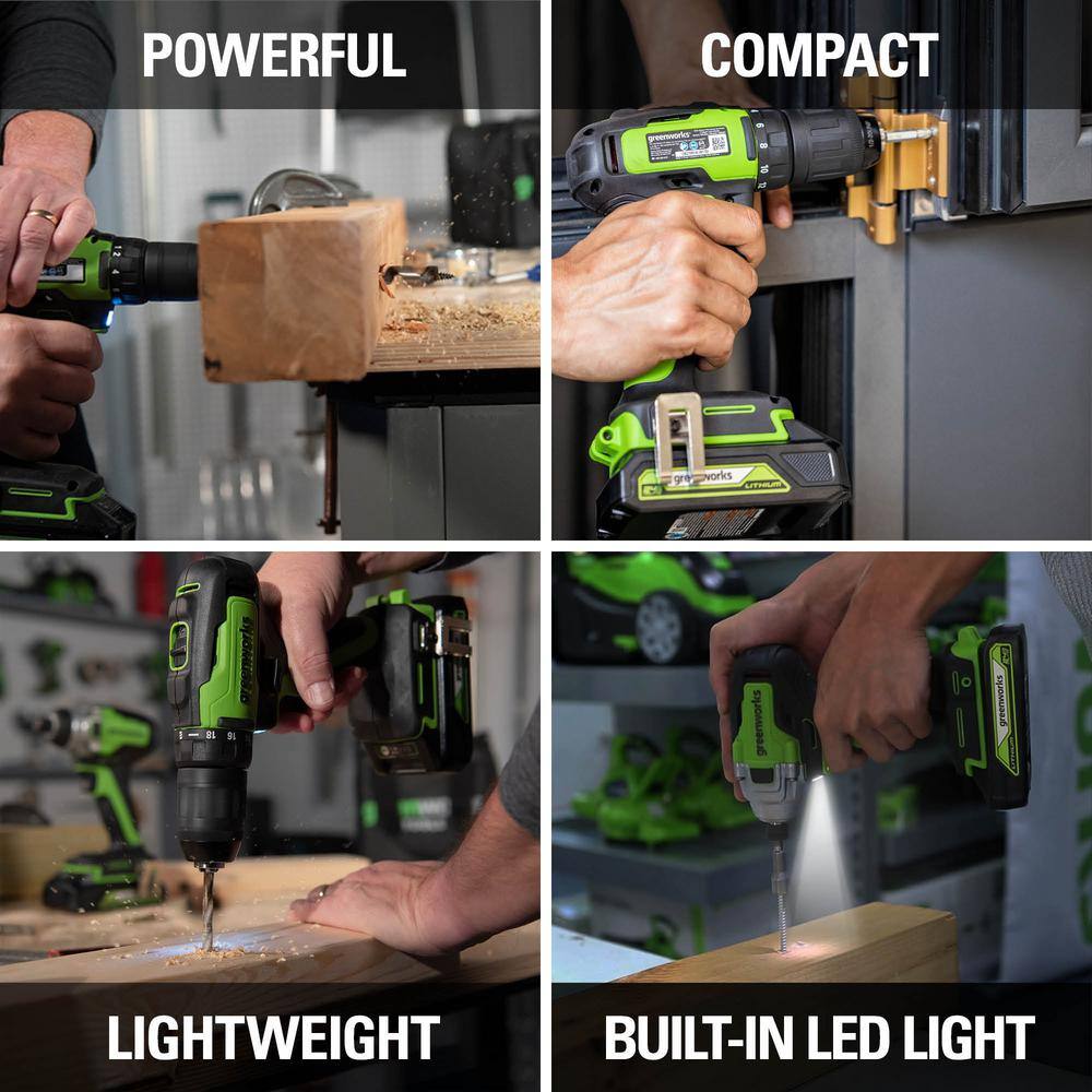 Greenworks 24V Max Cordless Brushless Drill + Impact Combo Kit, (2) 2.0Ah Batteries, Fast Charger, and Bag Included