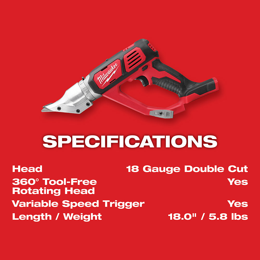 Milwaukee 2635-20 M18 18V 18 Gauge Cordless Double Cut Shear, Bare